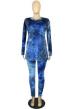 Blue Casual Print Tie Dye Patchwork O Neck Plus Size Two Pieces