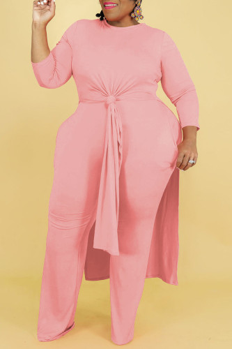 Pink Casual Solid Patchwork Slit O Neck Long Sleeve Two Pieces