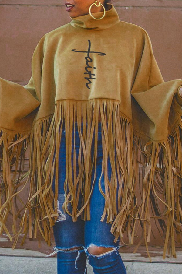 Tops de cuello alto con borlas y estampado casual de moda de color caqui