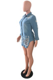 Ljusblått Mode Casual Solid Ripped Cardigan Turndown-krage Långärmad Vanlig jeansjacka