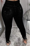 Schwarze, modische, lässige, solide, zerrissene Plus-Size-Jeans