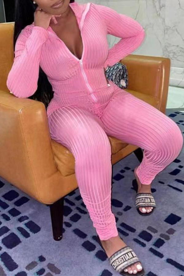 ピンク ファッション カジュアル ソリッド ベーシック ジッパー カラー レギュラー ジャンプスーツ