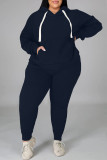 Black Fashion Casual Solid Hot Drill Hooded Collar Plus Size Two Pieces