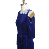 Azul Elegante Sólido Bordado Ahuecado Patchwork O Cuello Vestido De Noche Vestidos