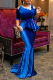Blaues, elegantes, fest besticktes, ausgehöhltes Patchwork-O-Ausschnitt-Abendkleid
