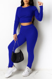 Blue Sexy Solid Patchwork Frenulum Backless O Neck Long Sleeve Two Pieces