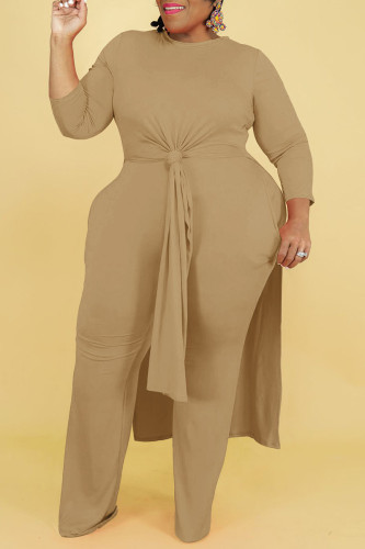Khaki Casual Solid Patchwork Slit O Neck Long Sleeve Two Pieces