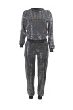 Silver Black Fashion Casual Patchwork Sequins O Neck Long Sleeve Two Pieces