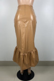 Хаки Модная повседневная однотонная лоскутная юбка с высокой талией и обычной талией