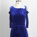 青い優雅な固体刺繍されたくり抜かれたパッチワーク O の首のイブニング ドレスの服