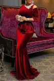 Burgunderfarbenes, elegantes, solides, ausgehöhltes, Patchwork-O-Ausschnitt-Abendkleid