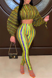 Green Yellow Fashion Casual Striped Print Draw String O Neck Long Sleeve Two Pieces