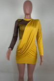 Yellow Fashion Casual Adult Twilled Satin Patchwork Solid Patchwork O Neck Long Sleeve Mini Long Sleeve Dress Dresses