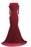 Vinröd Elegant solid broderade ihåliga lapptäcke O-hals aftonklänning klänningar