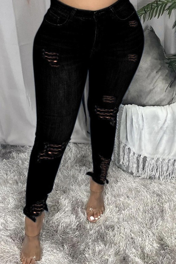 ブラックファッションカジュアルソリッドリップドプラスサイズジーンズ