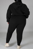 Colarinho com capuz preto moda casual sólido básico plus size duas peças