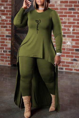 Verde Moda Casual Estampado Assimétrico O Decote Plus Size Duas Peças