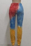 Calça lápis moda casual multicolorida com estampa rasgada e cintura alta