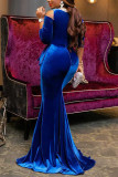 Синее элегантное однотонное вышитое выдолбленное вечернее платье в стиле пэчворк с круглым вырезом Платья