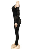 Zwarte mode sexy patchwork effen doorschijnende rugloze skinny jumpsuits met spaghettibandjes