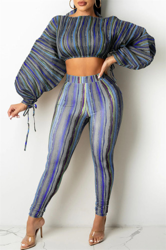 Gray Blue Fashion Casual Striped Print Draw String O Neck Long Sleeve Two Pieces