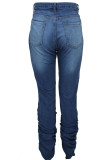 Donkerblauw Casual Effen Patchwork Vouw Hoge taille Normale denim jeans (zonder riem)