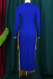 Vestido azul elegante sólido com borla patchwork transparente dobrável com decote em O vestidos irregulares