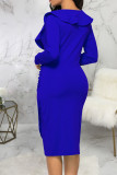 Azul casual sólido patchwork babado assimétrico decote em V vestidos de saia de um passo