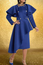 Diepblauwe elegante effen patchwork knopen volant asymmetrische O-hals jurken