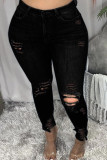Zwarte mode casual effen gescheurde grote maat jeans