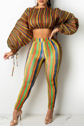 Brown Fashion Casual Striped Print Draw String O Neck Long Sleeve Two Pieces