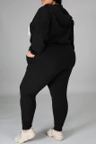 Colarinho com capuz preto moda casual sólido básico plus size duas peças