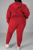 Colarinho com capuz vermelho moda casual sólido básico plus size duas peças
