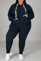 Blå Mode Casual Solid Basic Hood Krage Plus Size Two Pieces