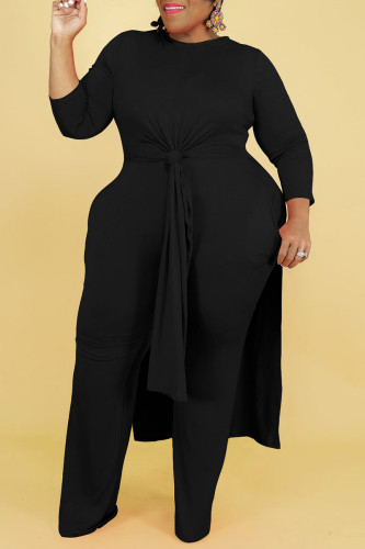 Black Casual Solid Patchwork Slit O Neck Long Sleeve Two Pieces