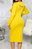 Yellow Casual Solid Patchwork Flounce Asymmetrical V Neck One Step Skirt Dresses
