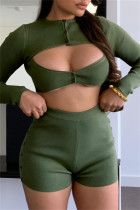 Армейский Зеленый Сексуальный Повседневный Однотонный Выдалбливают Лоскутное О-Образным Вырезом С Длинным Рукавом Две Части
