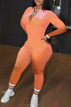 オレンジ ファッション カジュアル ソリッド ベーシック ジッパー カラー レギュラー ジャンプスーツ