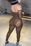 Brownness Fashion Sexy Patchwork Solid See-through Backless Spaghetti Strap Skinny Jumpsuits