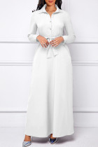 ホワイトファッションカジュアルソリッドベーシックターンダウンカラー長袖ドレス