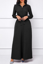 ブラックファッションカジュアルソリッドベーシックターンダウンカラー長袖ドレス