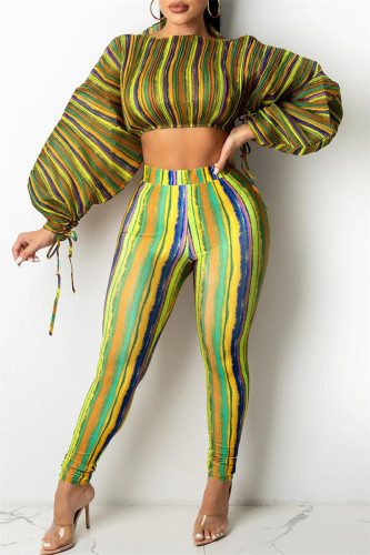 Green Yellow Fashion Casual Striped Print Draw String O Neck Long Sleeve Two Pieces