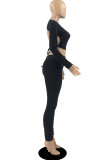 Black Sexy Solid Patchwork Frenulum Backless O Neck Long Sleeve Two Pieces