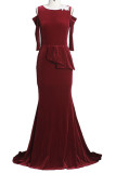 Бордовые элегантные однотонные вышитые выдолбленные лоскутные платья с круглым вырезом вечерние платья