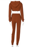 ブラウンファッションカジュアルソリッドベーシックフード付きカラー長袖ツーピース