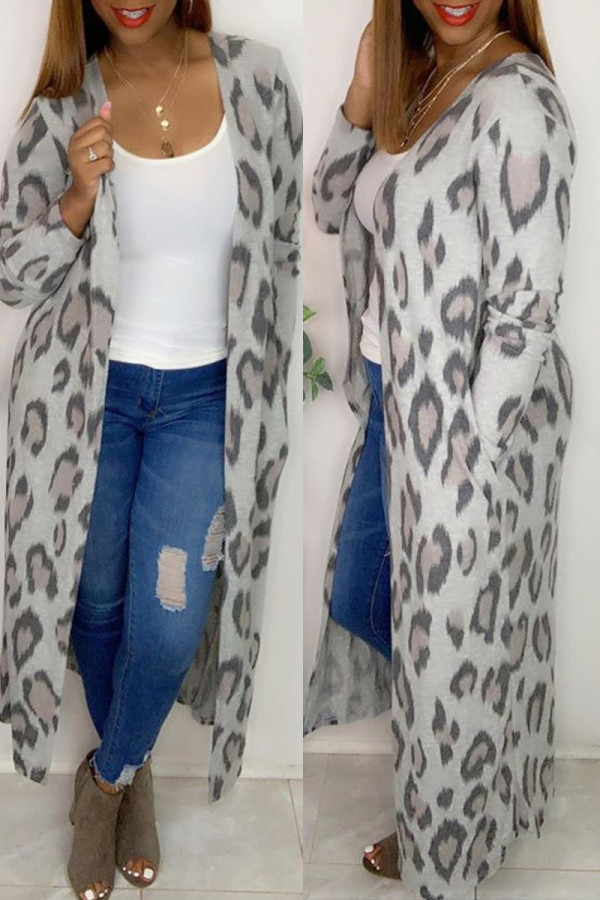 Leopardtryck Mode Casual Leopard Cardigan Ytterkläder