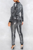 Silver Black Fashion Casual Patchwork Sequins O Neck Long Sleeve Two Pieces