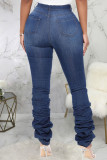 Jeans in denim regolari a vita alta con patchwork solido casual blu scuro (senza cintura)