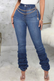 Dunkelblaue, lässige, einfarbige Patchwork-Jeans mit hoher Taille und normaler Taille (ohne Gürtel)