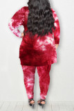 Red Casual Print Tie Dye Patchwork O Neck Plus Size Two Pieces